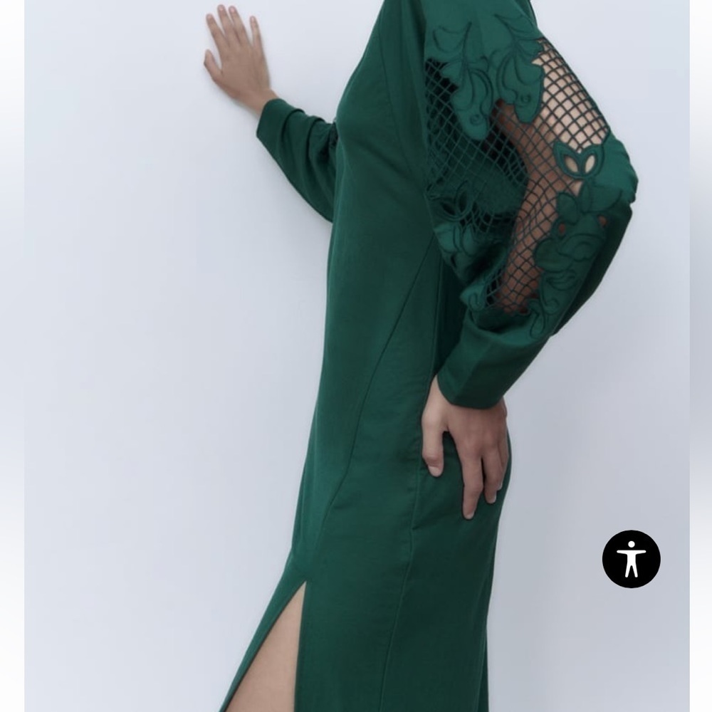 ZARA OPEN CROCHET LACE LONG SLEEVE VAMP MAXI DRESS FOREST GREEN MEDIUM NWT - Picture 2 of 16